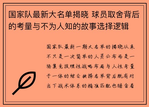 国家队最新大名单揭晓 球员取舍背后的考量与不为人知的故事选择逻辑 国家队最新大名单揭晓 球员取舍背后的考量与不为人知的故事选择逻辑