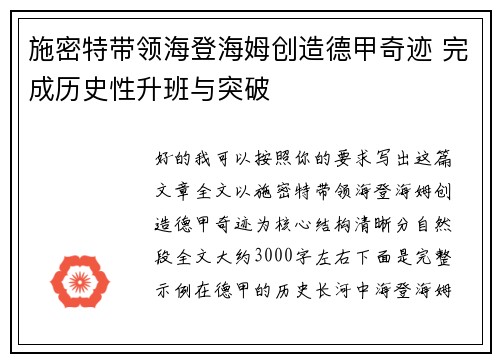 施密特带领海登海姆创造德甲奇迹 完成历史性升班与突破